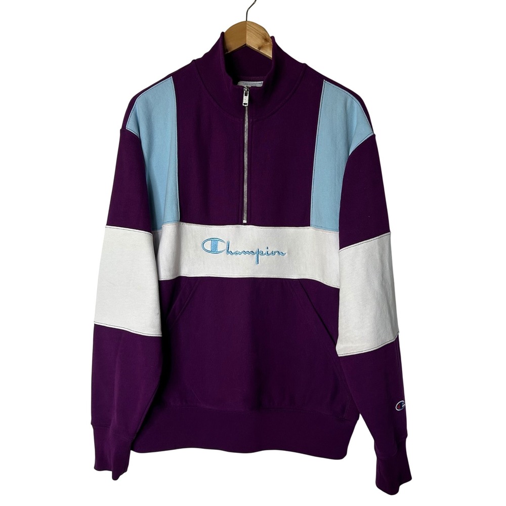 Champion Mens Sweatshirt L Reverse Weave Pullover Purple Blue White Colorblock‎